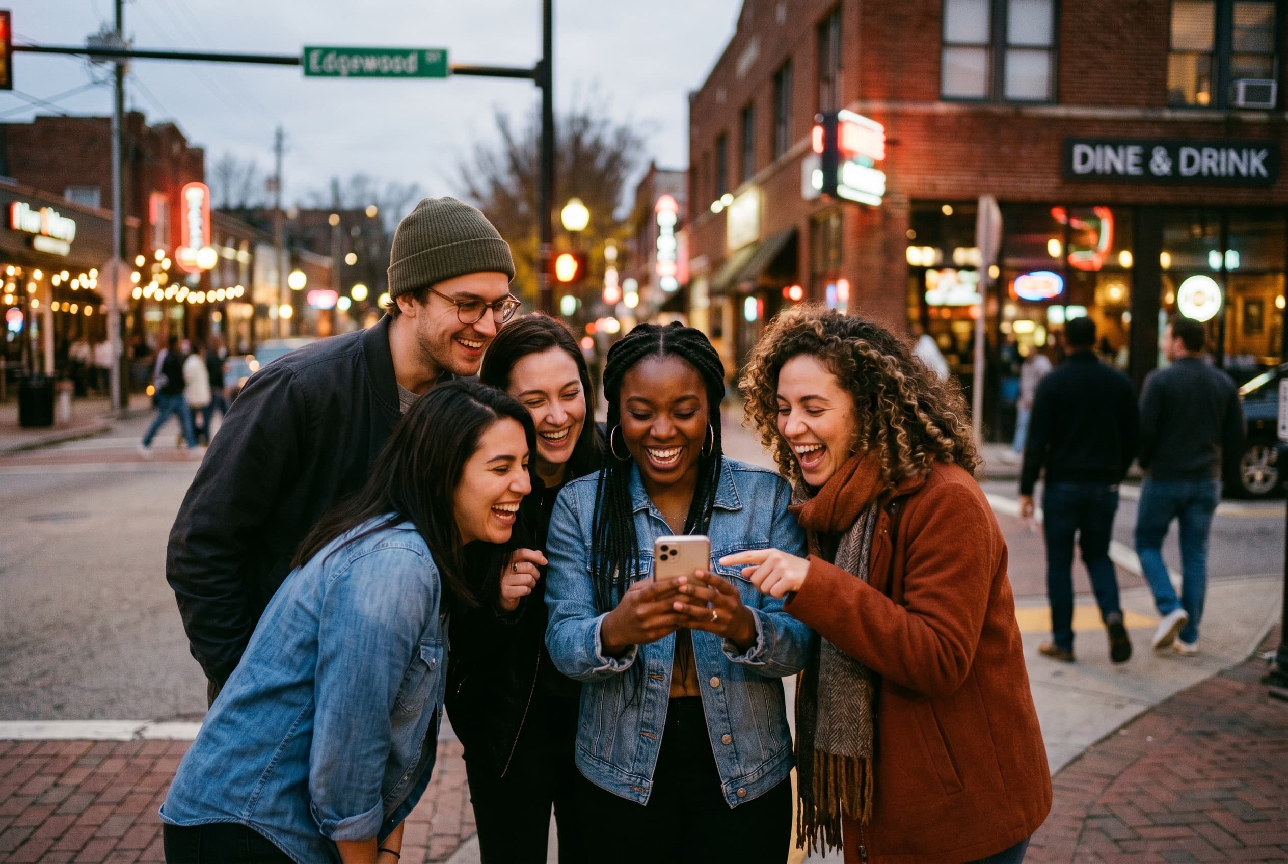 Friends gathered together and looking at a phone